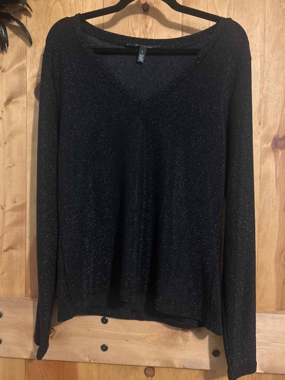 WHBM Black Metallic V-Neck Long Sleeve Top SIZE LARGE